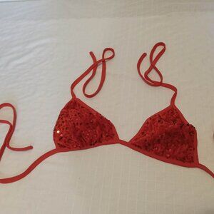 Pretty minimalist red top with sequins and tie cord